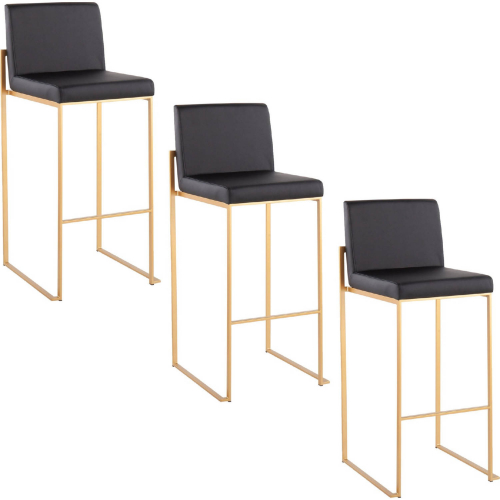 Fuji 30" High Back Bar Stool in Gold Steel & Black Leatherette (Set of 3)